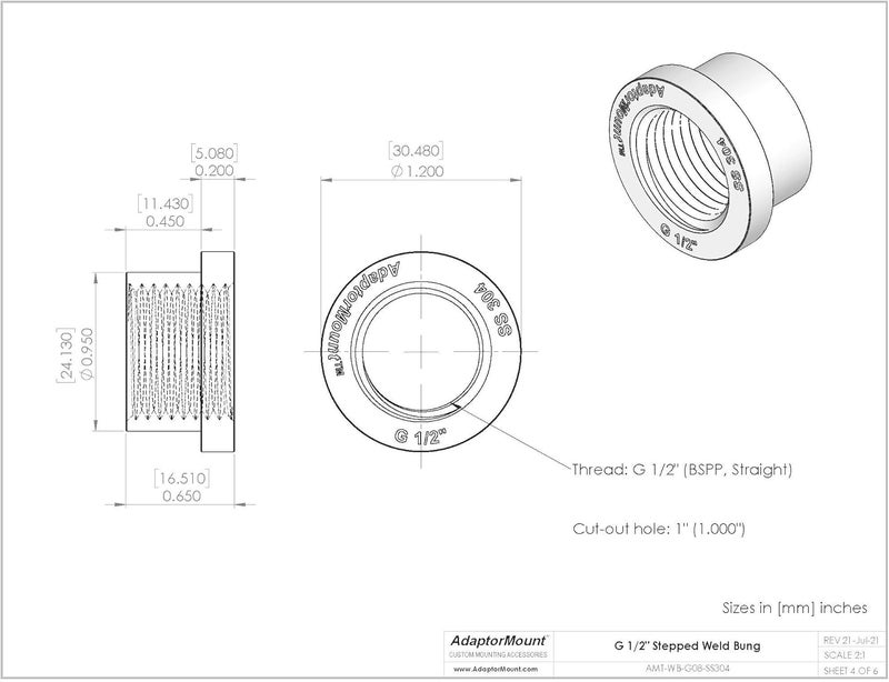 AdaptorMount G 1/2" (BSPP) Stainless Steel 304 Female Threaded Stepped Weld Bung Mounting Fitting (OD 1.0") with Top Head (OD 1.2") - Image 5